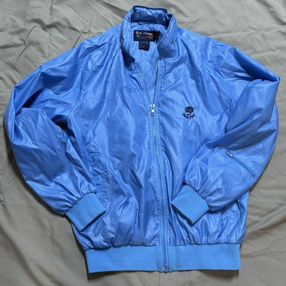 Vintage Duckster Windbreaker Medium Bent Pine Embroidery Blue Hood Nylon